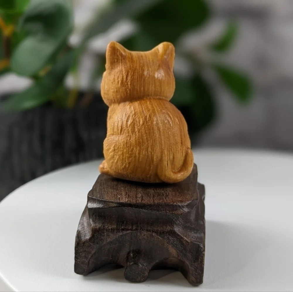 Wooden hand carved cat statue figurine sitting chonky fat ginger orange kitty - Picture 6 of 11